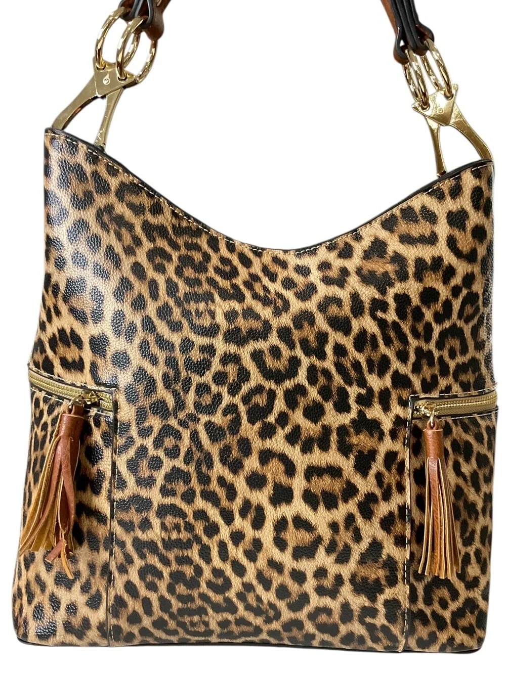Jen & Co Leopard Print Hobo Bag with Tassel Zips - Brown
